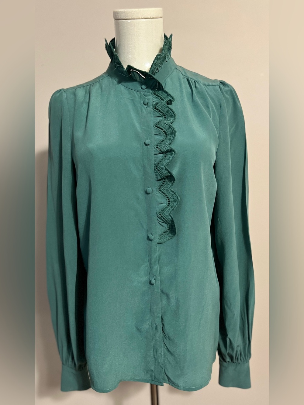 Sezane Teal Ruffle-Trim Button Silk Blouse